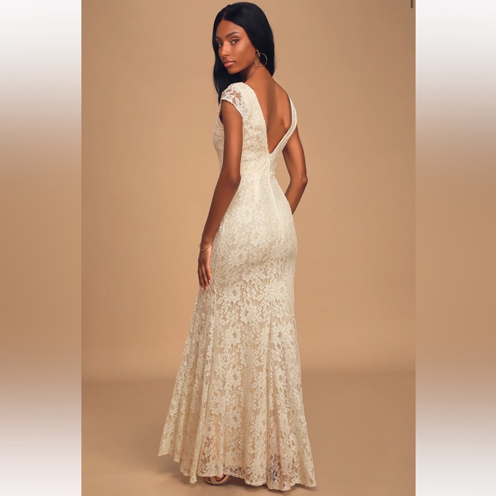 Lulu's Cream Lace V-Neck Wedding Dress - Picture 3 of 5